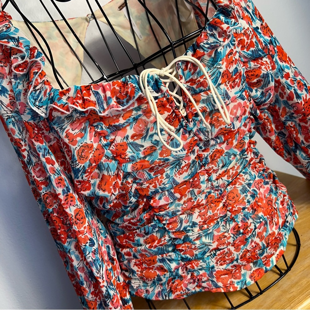 Free‎ People Bohemianfloral blouse ballon large sleeves size M - Picture 3 of 8